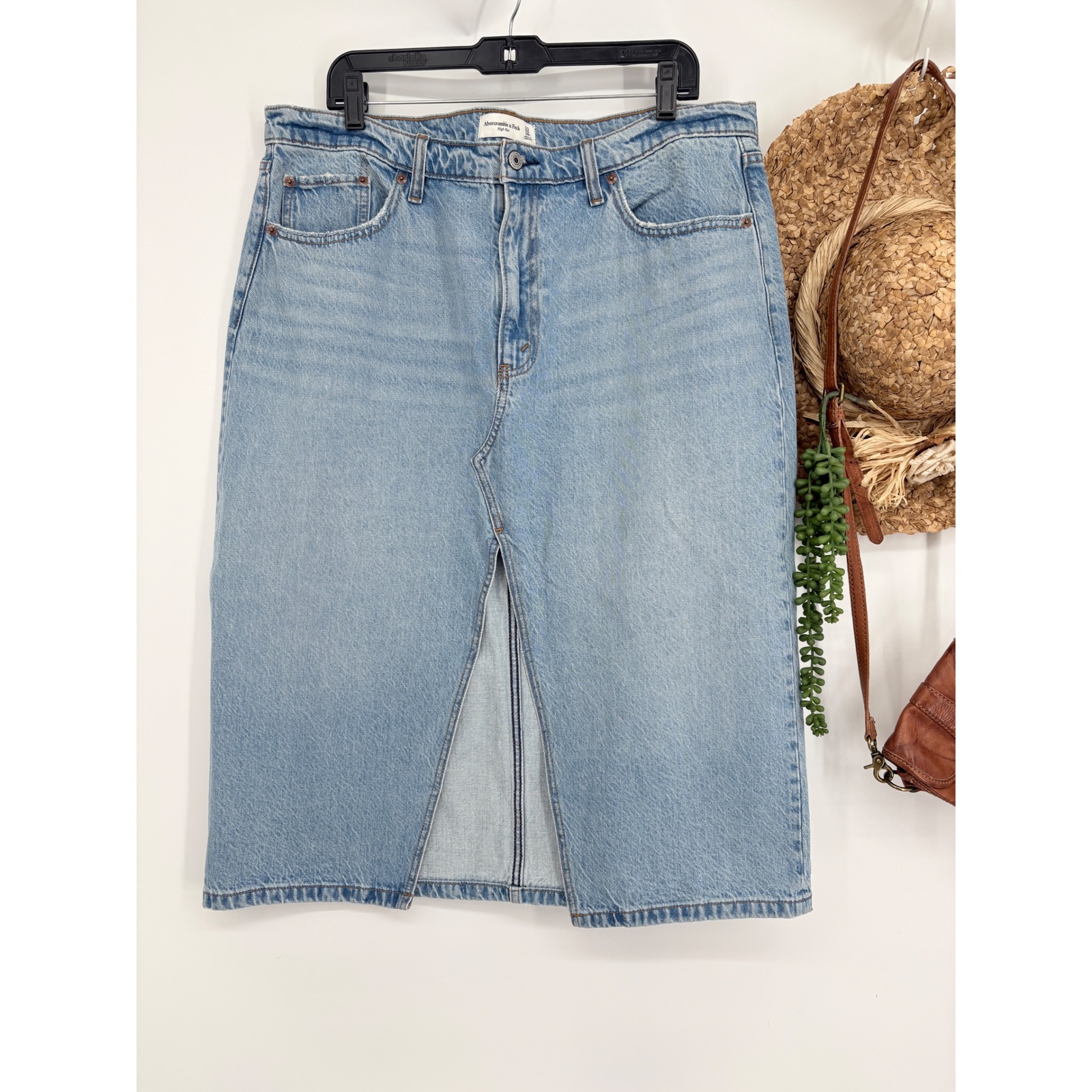 Abercrombie & Fitch High Rise Denim Midi Slit Skirt Light Wash Blue Size 33 16